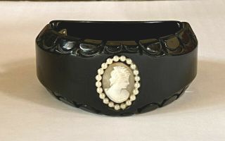 Vintage Black Bakelite Carved Clamper Bracelet With Cameo