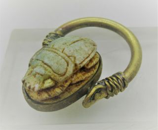Ancient Egyptian Faience Scarab Bead In A Gold Gilt Swivel Ring