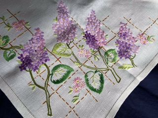 Vintage Floral Heavily Hand Embroidered White Irish Linen Sml.  Tablecloth