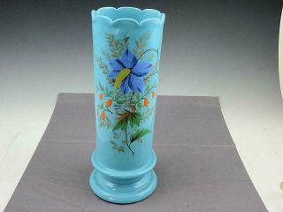 Antique French Blue Opaline Art Glass Enamel Hand Painted 11 " Floral Vase