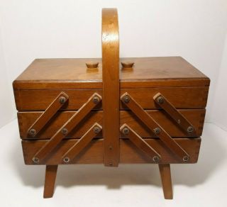 Vintage 3 - Tier Wood Accordion Sewing Box Made In Romania Dovetail