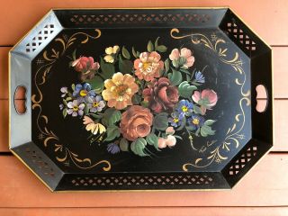 Large Vintage Hand Painted Floral Metal Tole Tray Fred Austin