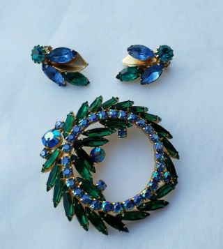 Vintage Signed Weiss Blue Green Rhinestones Earrings & Brooch
