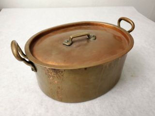 Antique Copper Hand Hammered Oval Double Handled Pot Dovetailed Seams