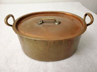 Antique Copper Hand Hammered Oval Double Handled Pot Dovetailed Seams 2