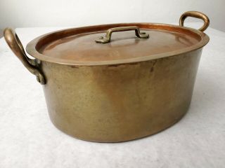 Antique Copper Hand Hammered Oval Double Handled Pot Dovetailed Seams 3