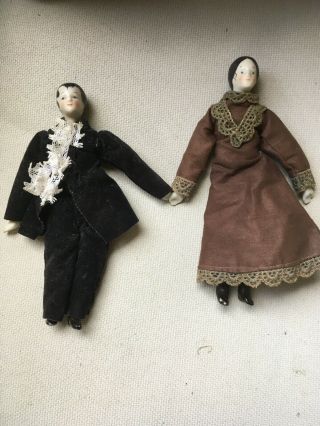 Male And Female Vintage Victorian Look Miniature Dolls Bisque And Cloth 7”