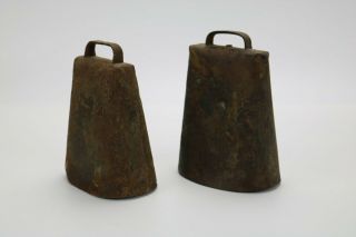 Pair 2 Vtg Antique Rustic Distressed Primitive Hand Forged Cow Bells