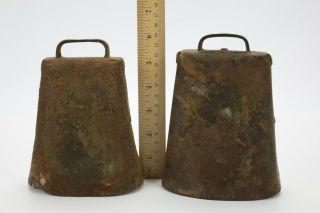 Pair 2 Vtg Antique Rustic Distressed Primitive Hand Forged Cow Bells 2