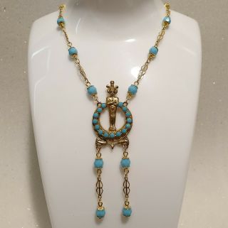 Vintage Art Deco Egyptian Revival Rolled Gold Blue Glass Necklace - Max Neiger?