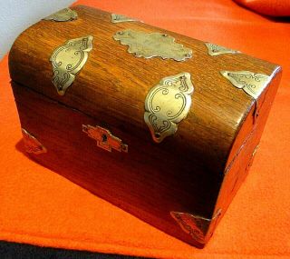 Victorian Oak Tea Caddy With Ornate Fittings,  Twin Compartments With Lids.