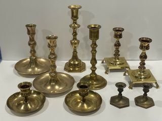 Set Of 10 Vintage Brass Candlestick Holders For Taper Candles 4 Matching Pairs