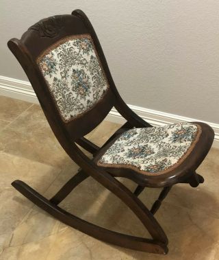 Vintage/antique Victorian Tapestry Carved Wood Folding Rocker Rocking Chair