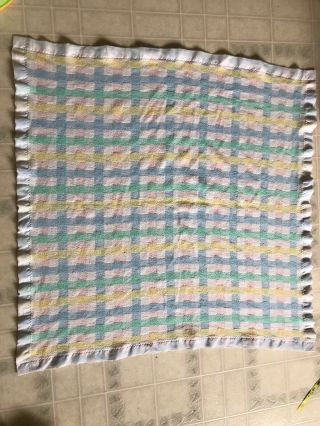 Vtg Baby Blanket Woven Acrylic Satin Edge Binding Pastel Stripes Made In Usa