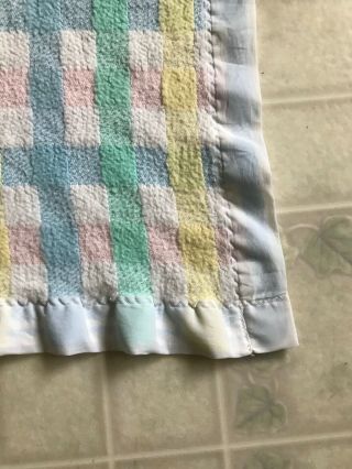 Vtg Baby Blanket Woven Acrylic Satin Edge Binding Pastel Stripes Made in USA 3
