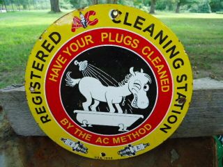 Old Vintage 1958 Ac Spark Plugs Porcelain Gas Pump Sign Registered Cleaning