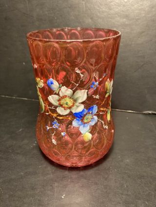 Antique Victorian Cranberry Glass Dimpled Vase Hand Painted Enamel Floral Design