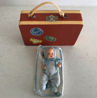Vintage Small 4 " German Bisque Jointed Baby Doll In Travel Suitcase