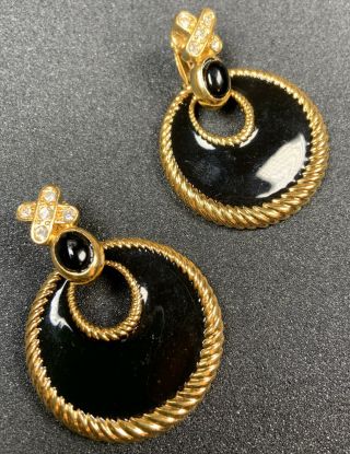 Signed Avon Vintage Clip Earrings 2” Black Enameled Crystal Rhinestones Lot6