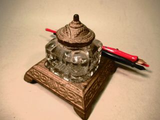 Antique Heavy Glass Inkwell With Metal Lid On Metal Stand - - All,  3 Pens