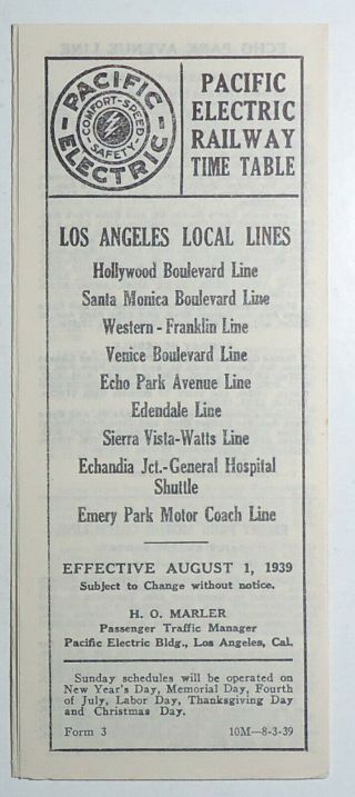 Pacific Electric Railway 1939 Public Timetable - La - Local Lines Form 3