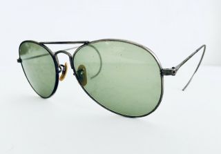 Vintage American Optics Ao Silver Aviator Metal Sunglasses W Green Lenses