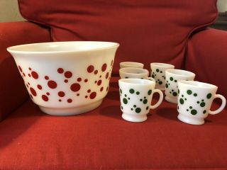 Vintage Anchor Hocking White Polka Dot Milk Glass Punch Bowl Set 6 Cups