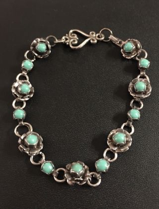 Vintage OLD PAWN FRED HARVEY ERA Sterling Silver Turquoise FLOWER Link Bracelet 2