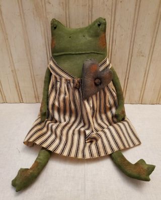 Primitive Grungy Lady Frog Halloween Doll & Her Black Heart