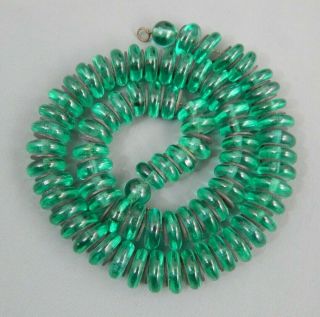 Vintage Art Deco Emerald Green Flat Glass Bead W/ Metal Discs Necklace 17 "