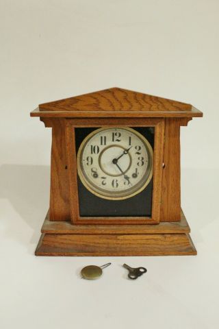 Antique Ingraham Clock Co Bristol Conn Oak Case Mantle Clock