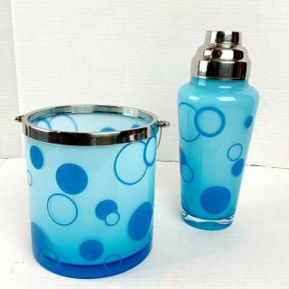 Vintage Glass Ice Bucket & Cocktail Shaker Blue Dots Wild Eyes Design Mcm Bar