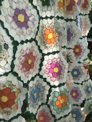Vintage Handstitched Feedsack Grandmothers Flower Garden Quilt