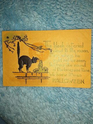 1911 Antique Halloween Post Card W Black Cat On A Fence