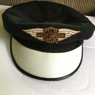 Vintage Black Xl Harley Davidson Captain’s Hat/cap W/visor 8 Panel By F & M Hat