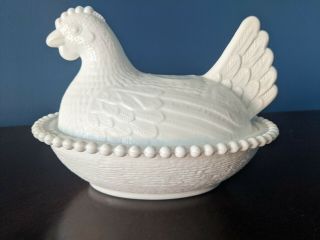 Vintage Milk Glass Hen On A Nest Dish With Lid By Indiana Glass