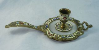 Antique French Bronze And Champleve Enamel Candle Holder Chamberstick H838