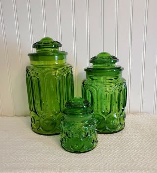Vtg L.  E.  Smith Glass Moon And Stars Canisters Emerald Green Set,  3 Jars & Lids