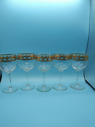 Set Of 5 Vintage Wine Glass Valencia Culver Blown Glass Green/gold Filligree