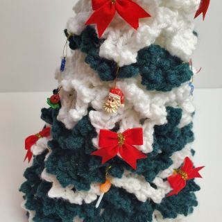 Vintage Crochet Christmas Tree UNIQUE Hand Made With Ornaments Bows 2