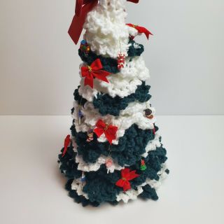 Vintage Crochet Christmas Tree UNIQUE Hand Made With Ornaments Bows 3