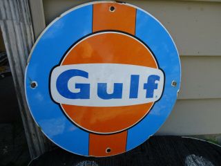 Old Vintage 1950s Gulf Gasoline Fuel Oil Porcelain Gas Pump Sign Great Colors