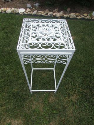 Vintage White Twisted Wrought Iron Plant Stand,  Patio Side Table 29 " Square