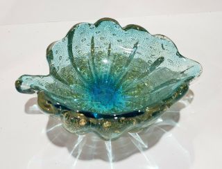 Vintage Italian Seguso Murano Bullicante Green/blue Sommerso Glass Bowl W/gold