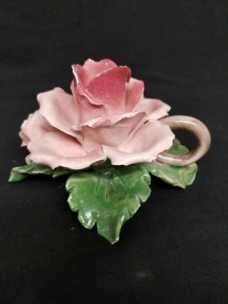 Vintage Italian Ceramic Pink Rose Flower Candlestick Candle Holder Made In Italy
