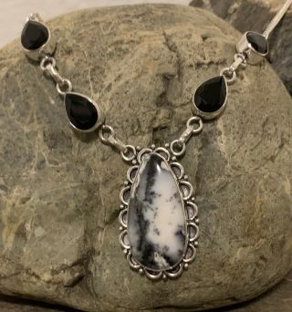 Vintage Navajo White Buffalo Turquoise Black Onyx Sterling Silver Necklace