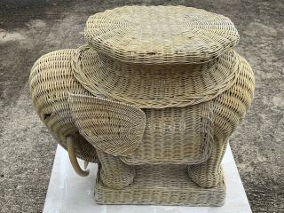 Vintage White Wicker Rattan Elephant Plant Stand End Table