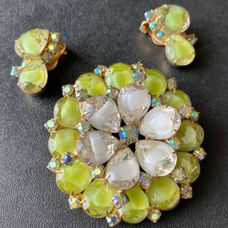 D&e Juliana Vtg Green White Givre Glass Flower Rhinestone Brooch Earrings Set 47