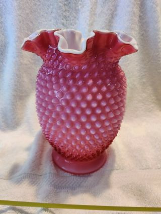 Vintage Fenton Cranberry White Milk Glass Hobnail Ruffled Vase 8 "