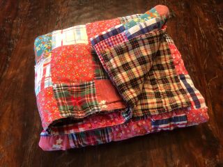 Vintage Patchwork Handmade Lap Quilt Throw Blanket Cabin Red Plaid 57x38” Usa